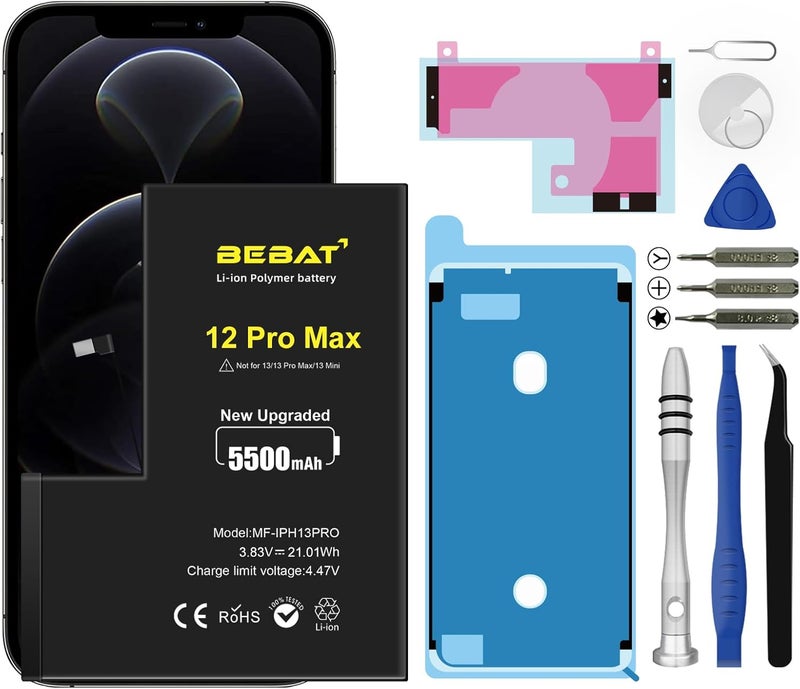 BEBAT Replacement for iPhone 12 Pro Max Battery, 5500mAh High Capacity Li-ion Polymer Replacement Battery for Model A2410 A2411 A2412 A2342 with Professional Repair Tool Kits - Image 1